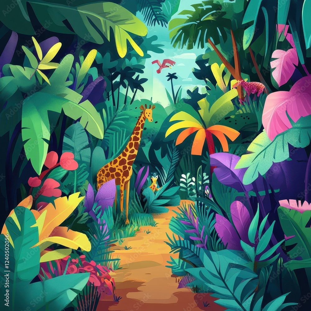 Fototapeta premium Giraffes Stroll Through Lush Vibrant Tropical Jungle Path