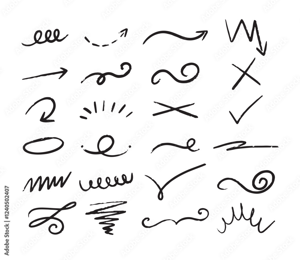 Crayon ink texture line. Squiggle brush underline. Pen emphasis highlight swoosh stroke. Vector set for accent, charcoal marker emphasis element Crayon ink texture line. Squiggle brush underline. Pen emphasis highlight swoosh stroke. Vector set for accent, charcoal marker emphasis element