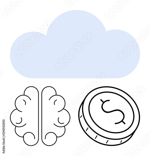 Cloud above brain and coin icons emphasizes the connection between digital storage, intelligent thinking, and economic benefits. Ideal for technology, finance, cloud storage, innovation, artificial