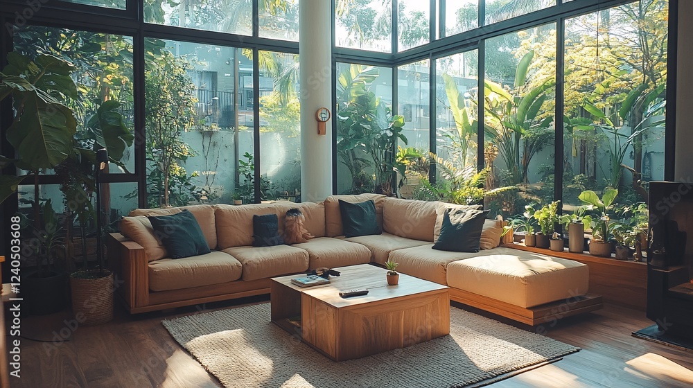 Fototapeta premium Cozy Modern Living Room with Large Windows and Abundant Greenery