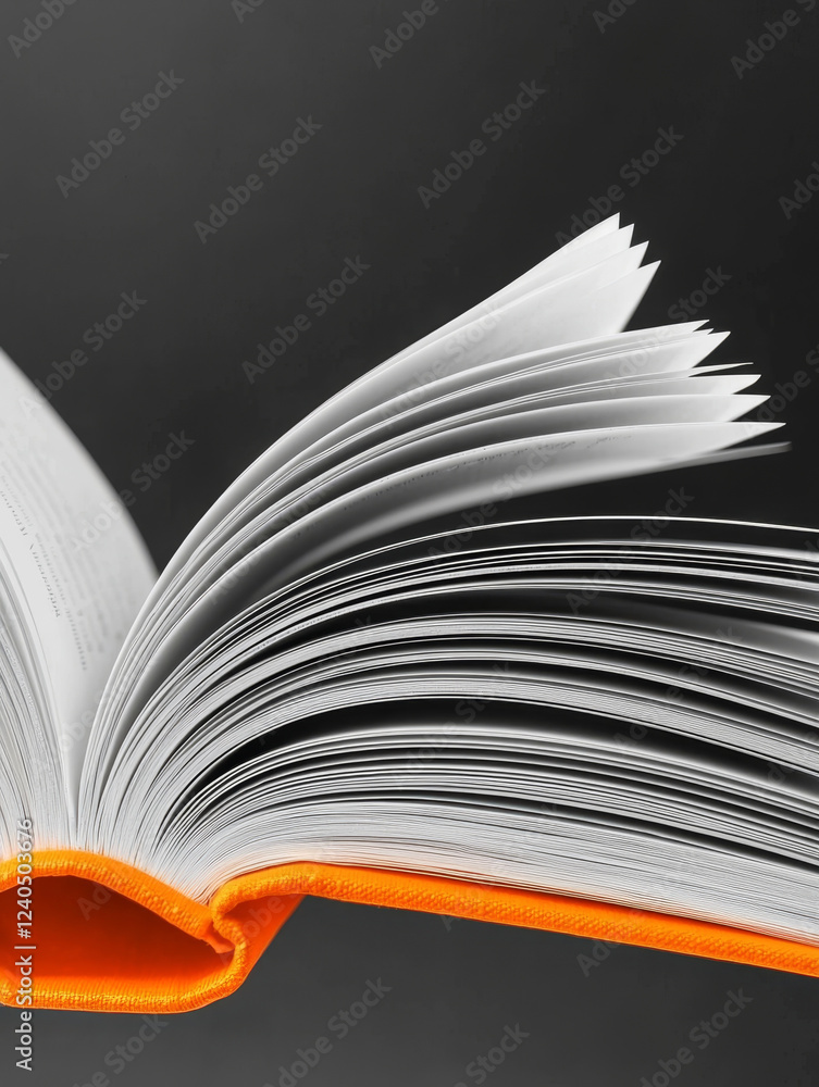 Open book, orange cover, pages fanned out, dark background. Open book, orange cover, pages fanned out, dark background.