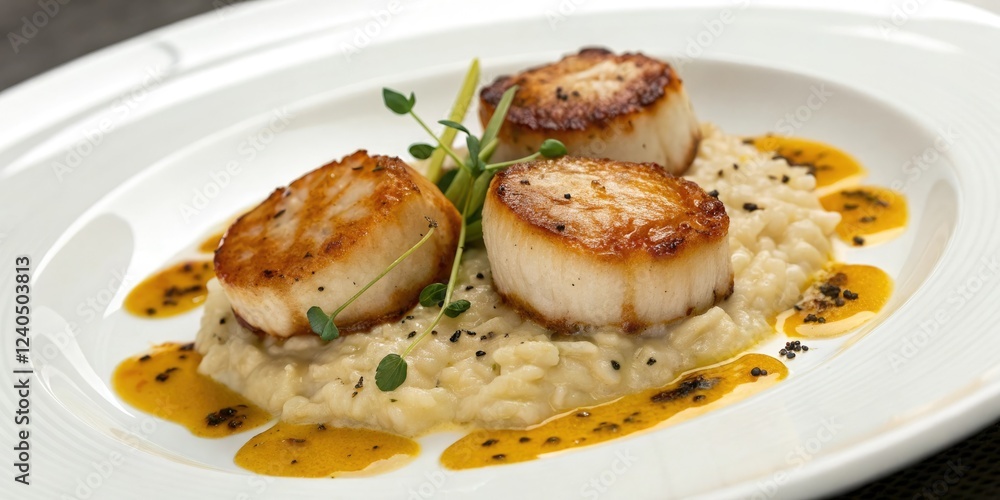 Pan-seared scallops with truffle risotto and golden reduction, edible gold dust, fine dining, luxury food, gourmet dish Pan-seared scallops with truffle risotto and golden reduction, edible gold dust, fine dining, luxury food, gourmet dish
