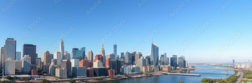 Fototapeta premium Panoramic shot of a city with numerous skyscrapers and a river in the foreground under clear blue skies, panoramic view, tall buildings