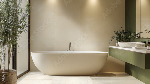This contemporary bathroom interior boasts a luxurious bathtub and shower, complemented by sleek tile design