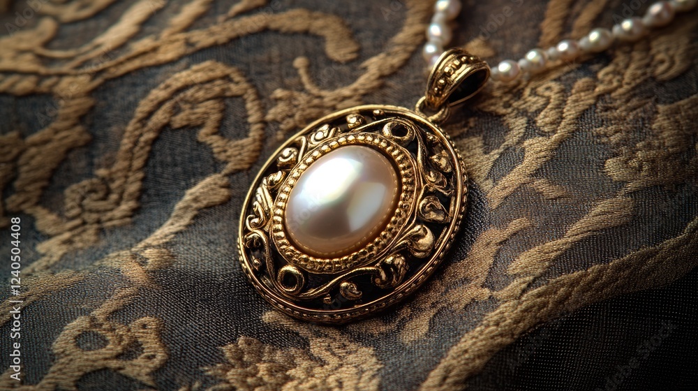 Fototapeta premium An antique pendant with a pearl and gold setting, displayed on an old, textured fabric with soft lighting highlighting its details.