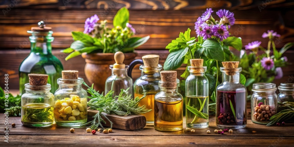 Glass bottles with various essential oils and herbs arranged artfully on a wooden background, creating a visually appealing display of natural beauty, wooden decor, organic products Glass bottles with various essential oils and herbs arranged artfully on a wooden background, creating a visually appealing display of natural beauty, wooden decor, organic products
