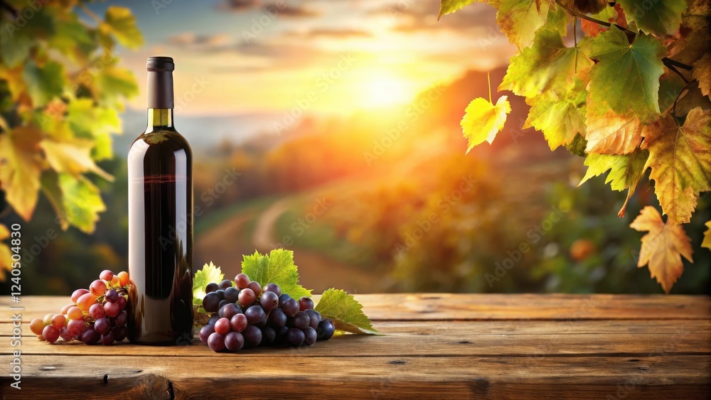 Fototapeta premium Butelka wina na drewnianym stole z winogronami i liśćmi, atmosfera, natura, atmosfera, natura, martwa natura, naturalny, liście