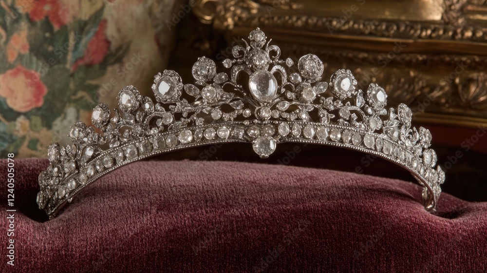 Obraz premium A beautiful, aged antique tiara featuring intricate silverwork and glimmering gemstones, resting on a vintage velvet cushion.