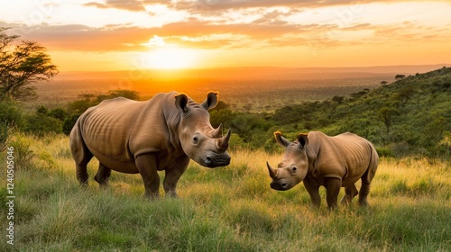 rhinoceros grazing in a vast grassland photo