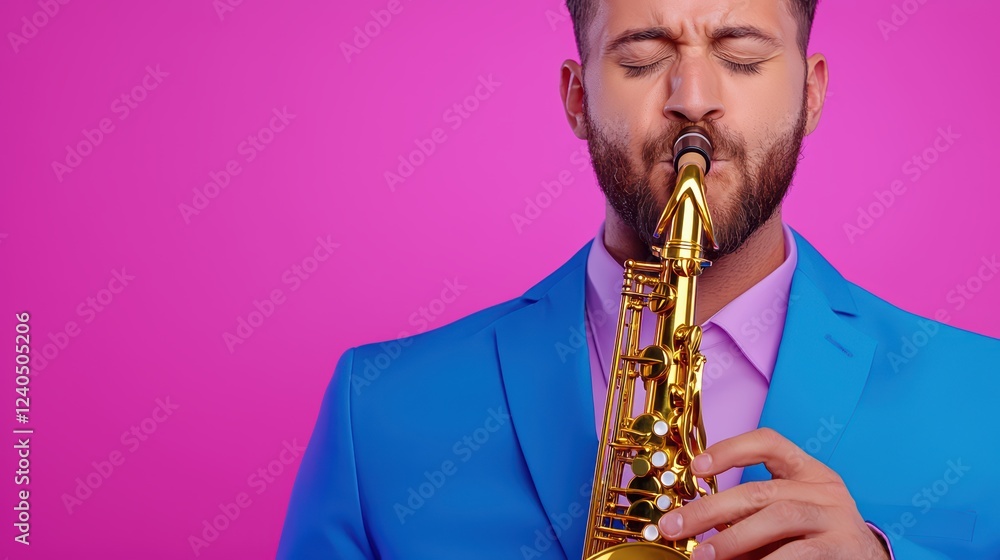 Fototapeta premium Young Man Playing Saxophone Against Vibrant Pink Background