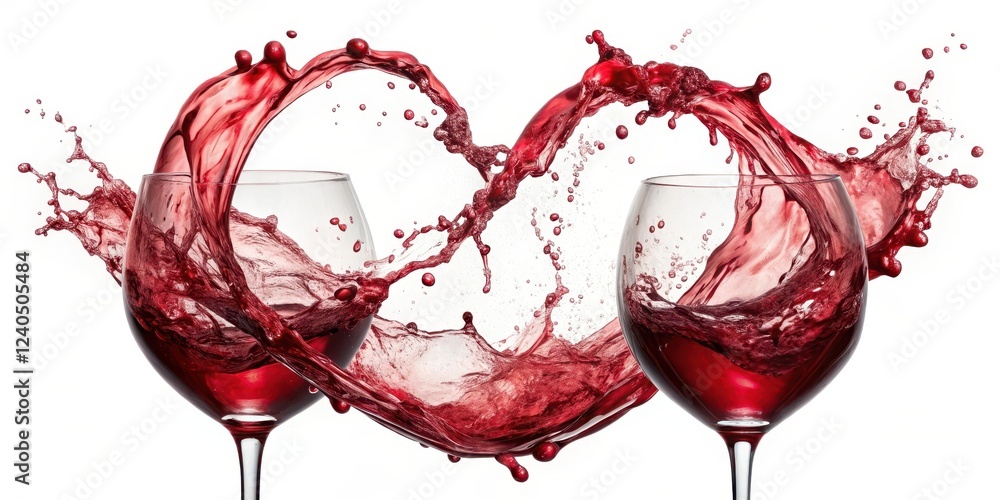 Fototapeta premium Abstract Heart Splash with Two Glasses of Red Wine, unique wall art, liquid movement