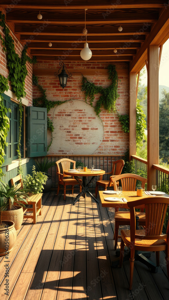 Fototapeta premium Quaint dining area on deck with wooden furniture and brick wall, simplicity, brickwork