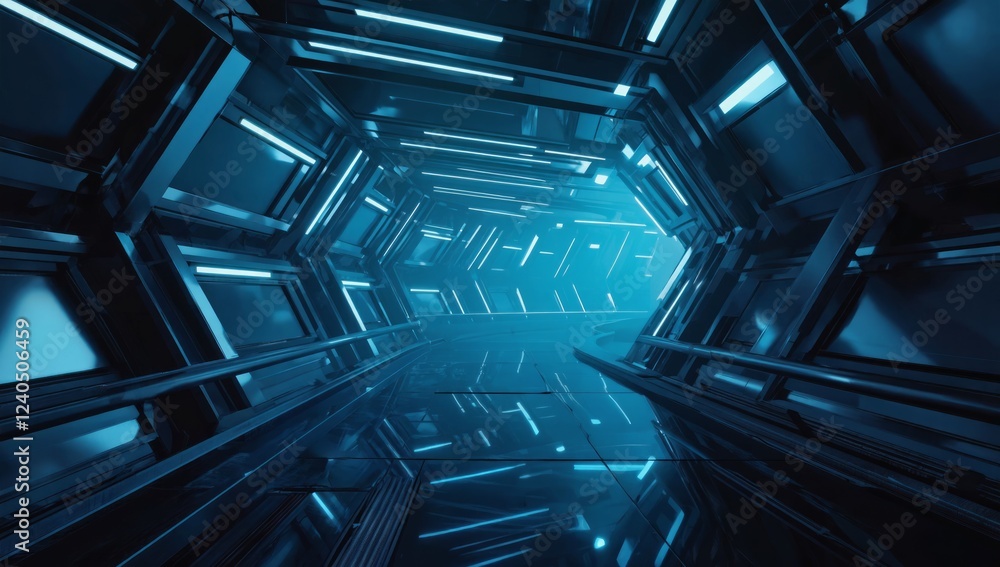 Obraz premium Futuristic blue neon tunnel, reflective floor, sci-fi background. Use Sci-fi film, game background