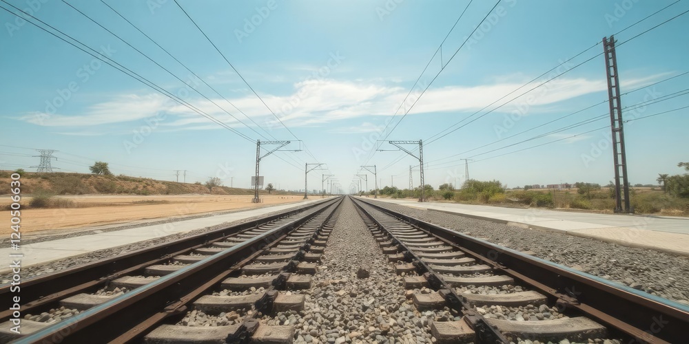 Railway tracks stretching into the distance under a clear blue sky with powerlines overhead, perspective, transportation, blue sky Railway tracks stretching into the distance under a clear blue sky with powerlines overhead, perspective, transportation, blue sky