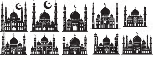 Black Mosque Silhouette Set - Islamic Mosque Vector Illustrations for Posters & Banners