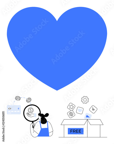 Large blue heart above person with magnifying glass analyzing financial data, various icons coming out of a box labeled FREE. Ideal for financial advice, charity, analysis, generosity, marketing