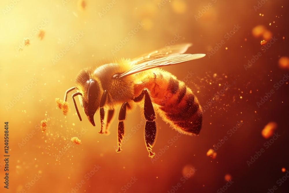 Honey bee in golden sunlight with pollen particles Honey bee in golden sunlight with pollen particles