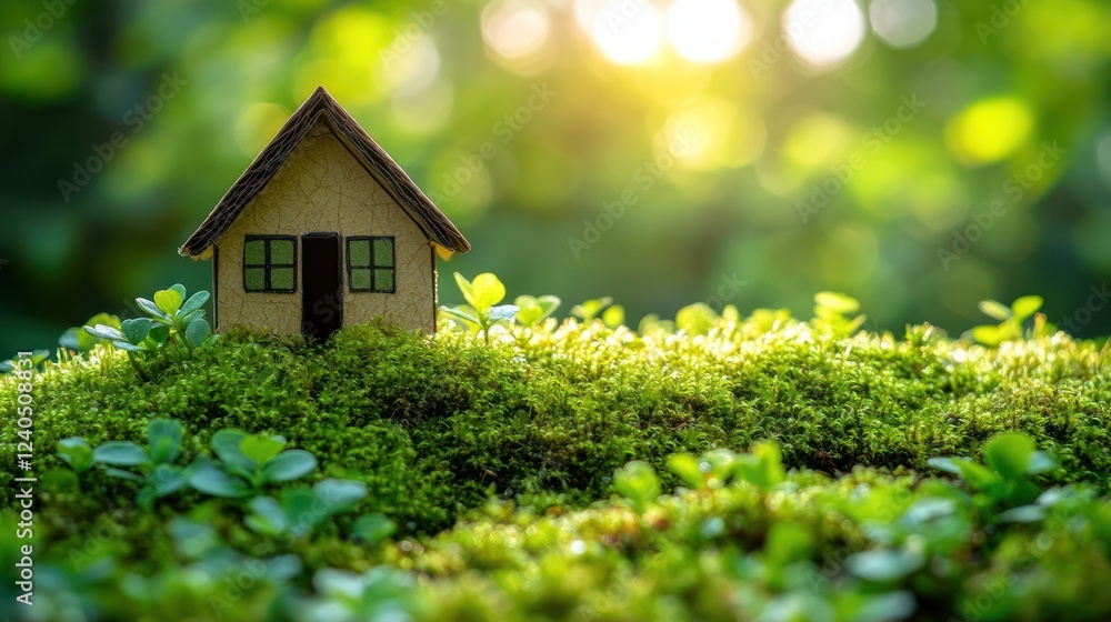 Eco-friendly house model on moss, sunlight Eco-friendly house model on moss, sunlight