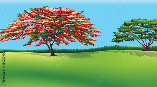 Mountain lake landscape vector illustration. Cartoon flat panorama of spring summer beautiful nature, green grasslands meadow with flowers, forest, scenic blue lake and mountains on horizon background