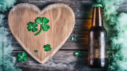 St Patricks Day Beer Bottle Heart Shaped Wood Clover Leaves photo