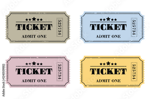 Retro ticket design set template isolated on white background. Admit one. Tickets for cinema, movie, circus, carnival, film, festival, etc. Vector illustration.