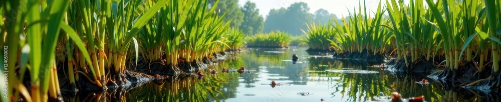Oil-covered reeds and plants in a lake ecosystem, oily vegetation, plant die-off, lake ecosystem disruption Oil-covered reeds and plants in a lake ecosystem, oily vegetation, plant die-off, lake ecosystem disruption