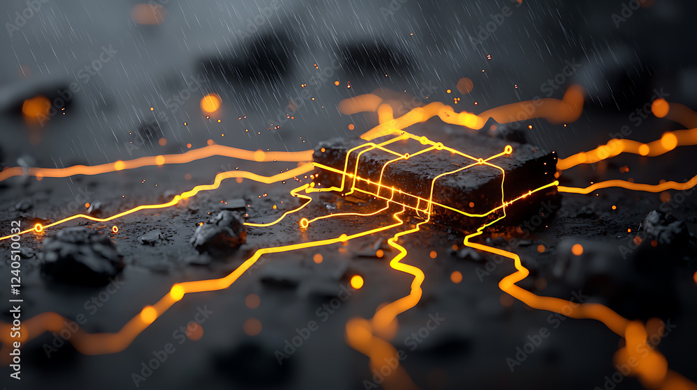 Fototapeta premium Dynamic glowing circuit lines forming intricate patterns on a textured surface in a dark environment captured from a close-up view for creative design inspiration