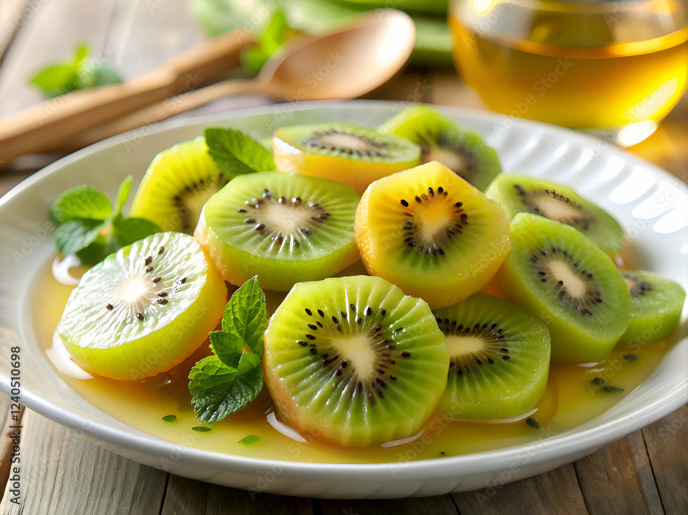 A refreshing kiwi fruit salad with honey dressing and mint leaves. A refreshing kiwi fruit salad with honey dressing and mint leaves.