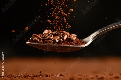 Coffee beans falling ground coffee captured in mid-air