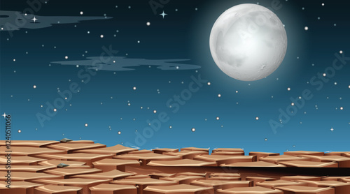 Meadow with grass, pond, conifers and hills on horizon at night. Vector illustration of summer landscape of field or pasture with plants, lake, full moon and stars in dark sky