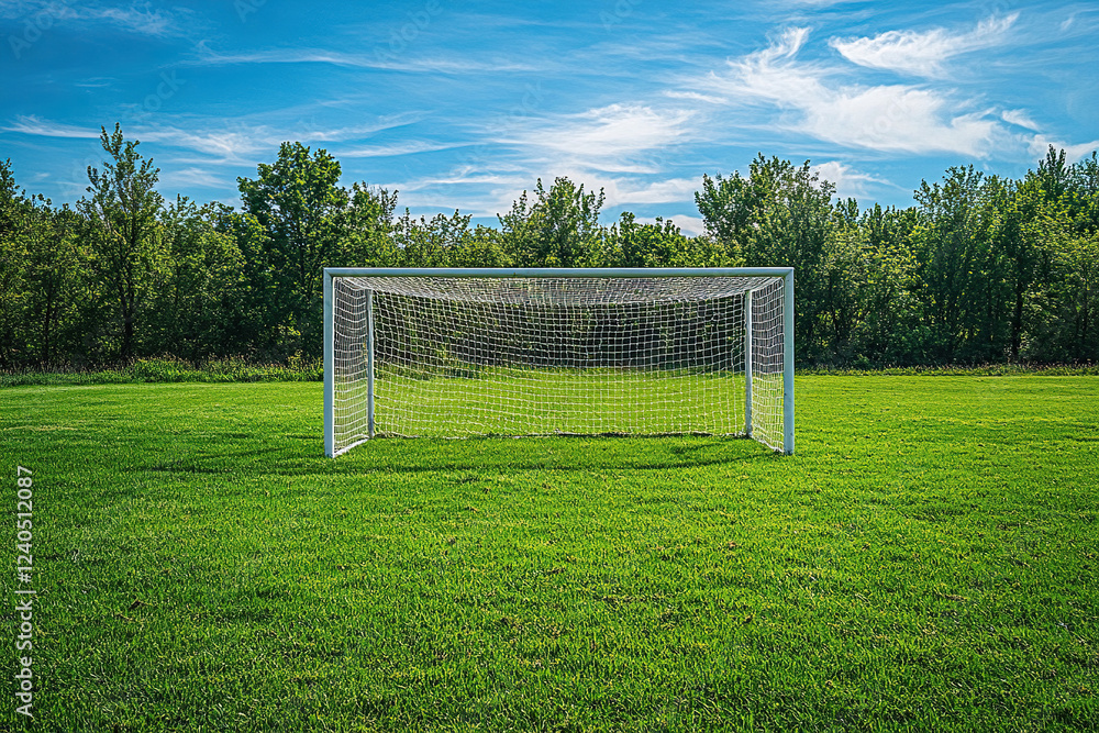 Fototapeta premium Football goal in a field against blue sky with clouds in the countryside. Generated by artificial intelligence