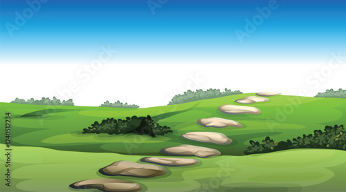 Alpine meadows and beautiful mountains, forests and lakes, vector illustration. Panoramic landscape of green fields, amazing mountains on a clear day with gentle clouds in the blue sky.