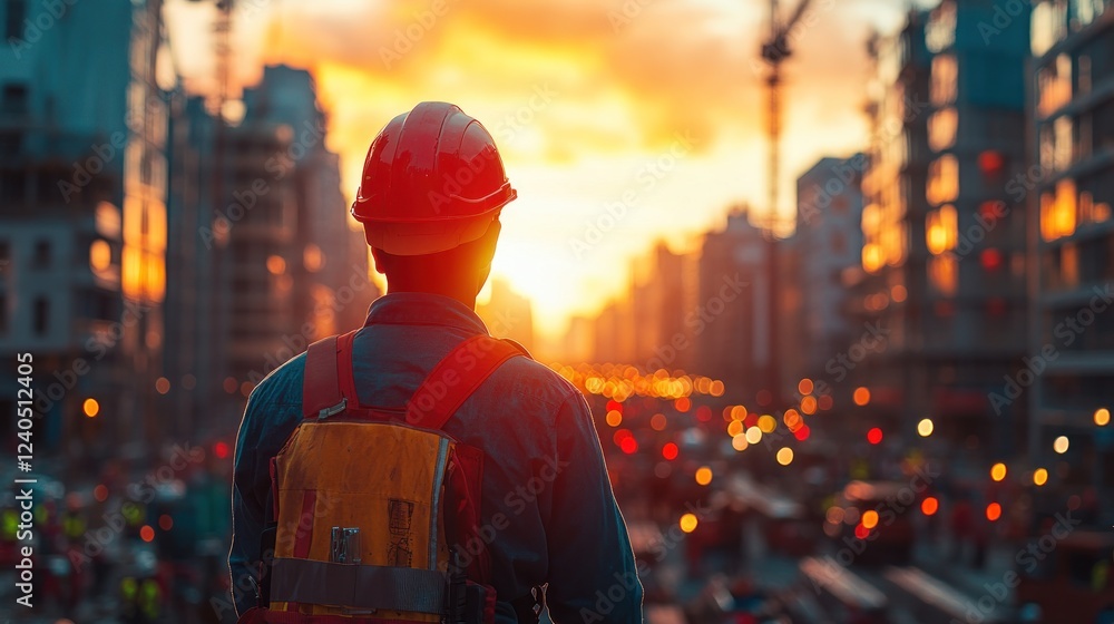 Obraz premium Engineer sunset city construction site progress