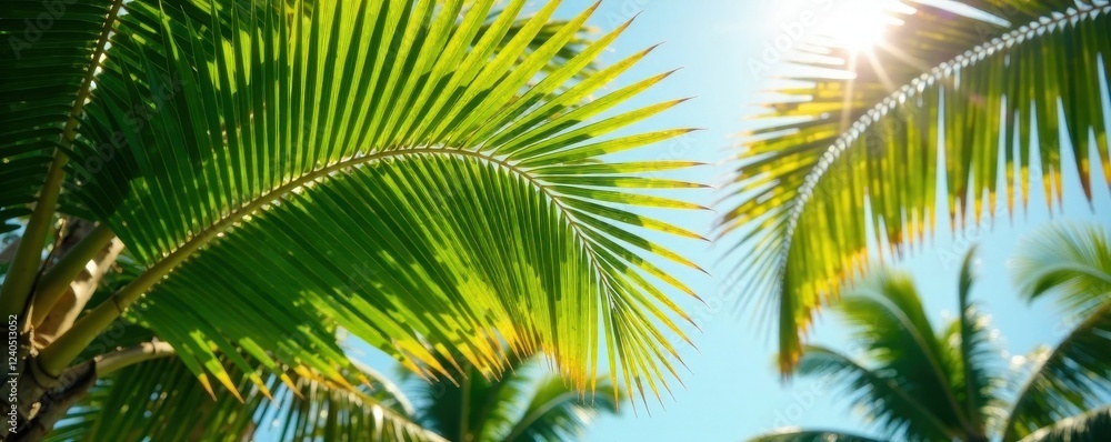 Palm tree leaves rustling softly in summer breeze, greenery, wind, palm trees Palm tree leaves rustling softly in summer breeze, greenery, wind, palm trees