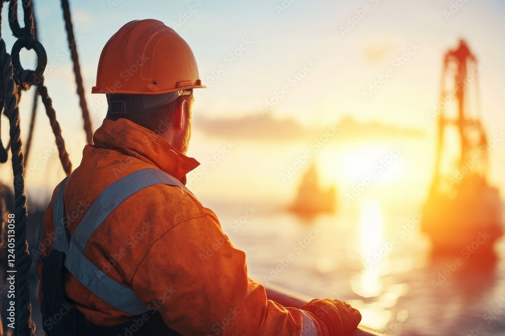 Worker observing ocean sunset on offshore oil rig