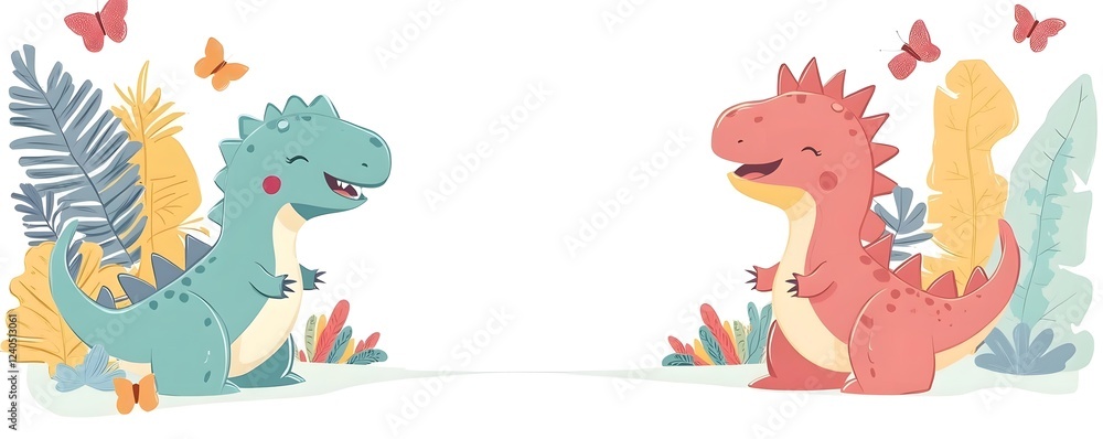 Obraz premium Two cheerful cartoon dinosaurs smiling and interacting in a colorful jungle setting with butterflies