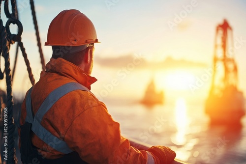 Obraz na płótnie Worker observing ocean sunset on offshore oil rig w salonie