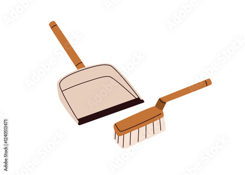 Dustpan and brush, floor cleaning tool. Household accessories for sweeping dirt and litter. Plastic scoop, dust pan, housework supplies. Flat vector illustration isolated on white background