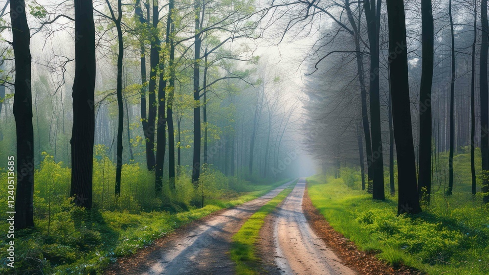 Fototapeta premium Serene forest path surrounded by lush greenery and misty atmosphere