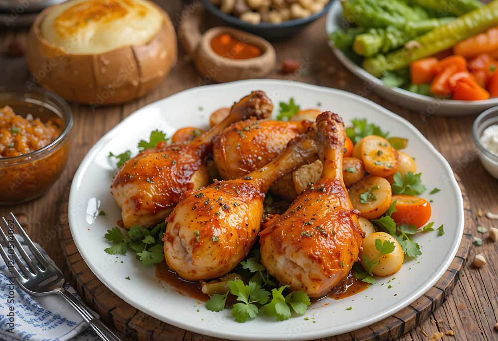 Oven-Baked Chicken Drumsticks with Baked Potato and Fresh Vegetables on a Rustic Table, Food Photography Image Oven-Baked Chicken Drumsticks with Baked Potato and Fresh Vegetables on a Rustic Table, Food Photography Image