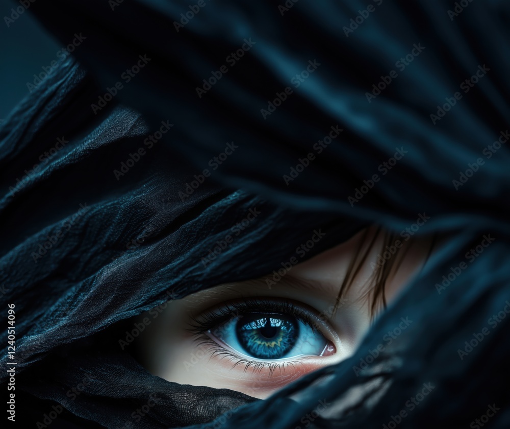 Captivating blue eye peering through dark fabric, showcasing intricate details and emotions, highlighting contrast between light and shadow, copy space for text Captivating blue eye peering through dark fabric, showcasing intricate details and emotions, highlighting contrast between light and shadow, copy space for text