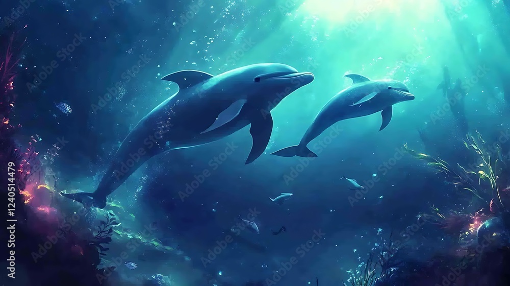 Obraz premium Two Dolphins Swimming Through a Sunlit Underwater World
