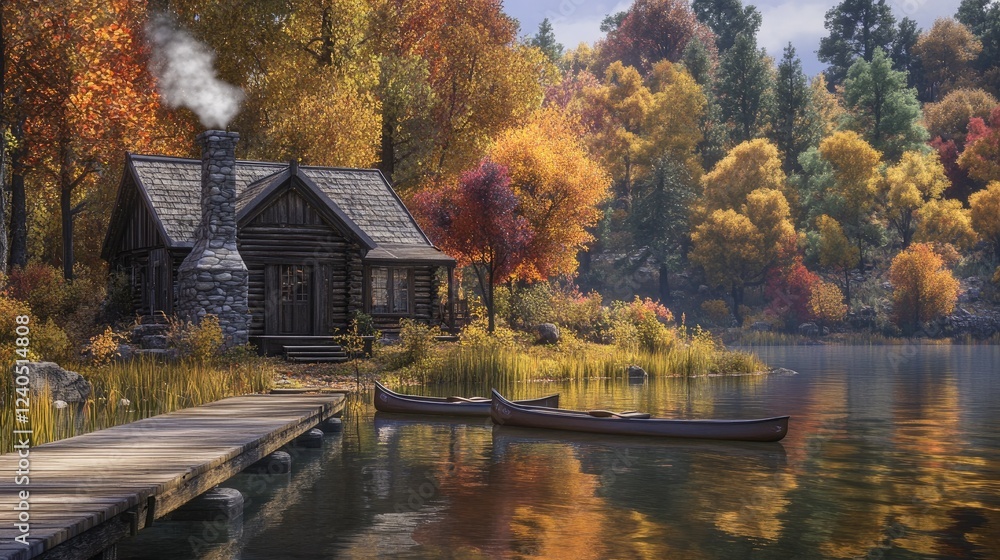 Fototapeta premium Autumnal Lakeside Cabin Retreat: Serene Fall Scenery
