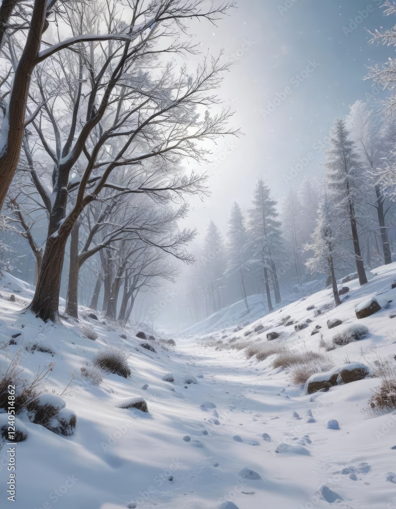 Obraz premium Snowflakes falling on a winter wonderland landscape, serene landscape, snowflake, wintry scene