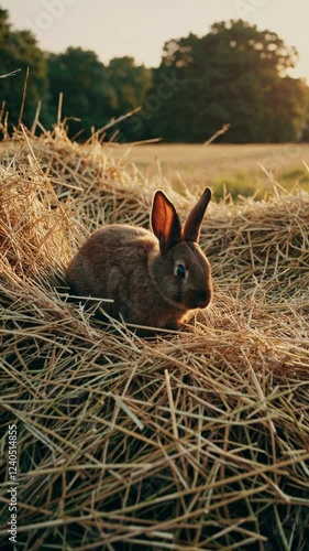 A tranquil countryside shot highlighting a curious young brown bunny resting on fresh hay, subtle shadows adding warmth and depth.