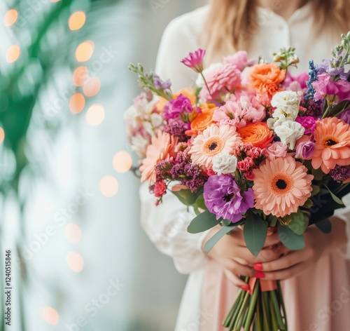 Vibrant bouquet of mixed flowers held by woman, featuring gerbera daisies, roses, and seasonal blooms, set against a softly lit background, copy space for text photo