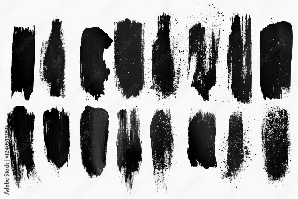 Black paint strokes arranged in various styles on a white background showcasing artistic textures and techniques Black paint strokes arranged in various styles on a white background showcasing artistic textures and techniques