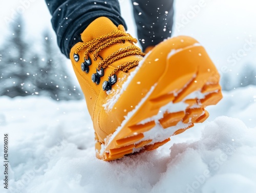 Vibrant Trekking Gear Durable Orange Snowshoe Boots on Pristine Snow - Outdoor Adventure Content for Active Lifestyle Marketing and Nature Tourism Promotion photo