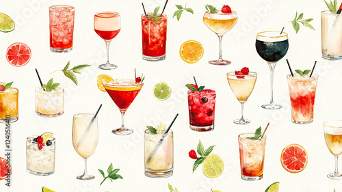 A Watercolor of vibrant pattern featuring various cocktails and drinks, ideal for summer themes and celebrations.