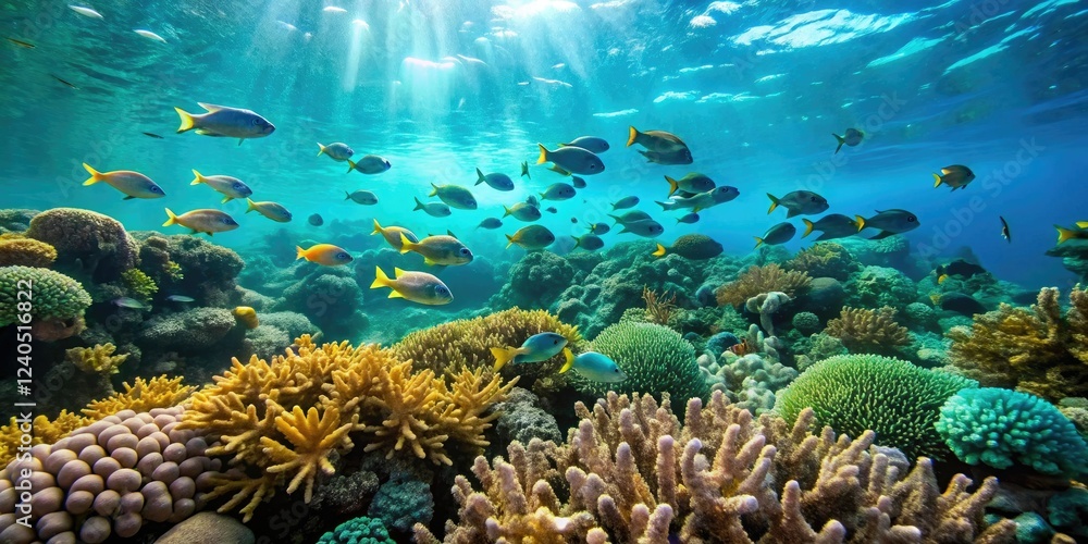 Fototapeta premium Soft focus of coral reef in turquoise water with schools of small fish swimming around, vibrant colors, underwater, coral